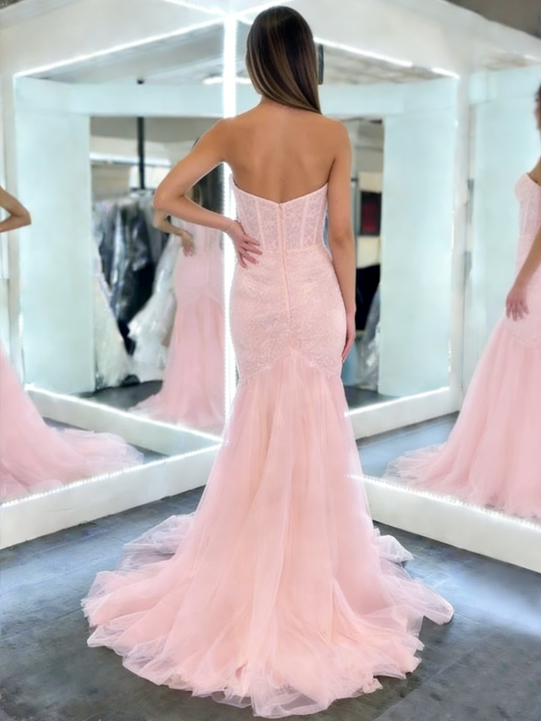 Unique Lace Mermaid Prom Dress Strapless Sweetheart Neck Backless Tulle Formal Gown, OLP1707