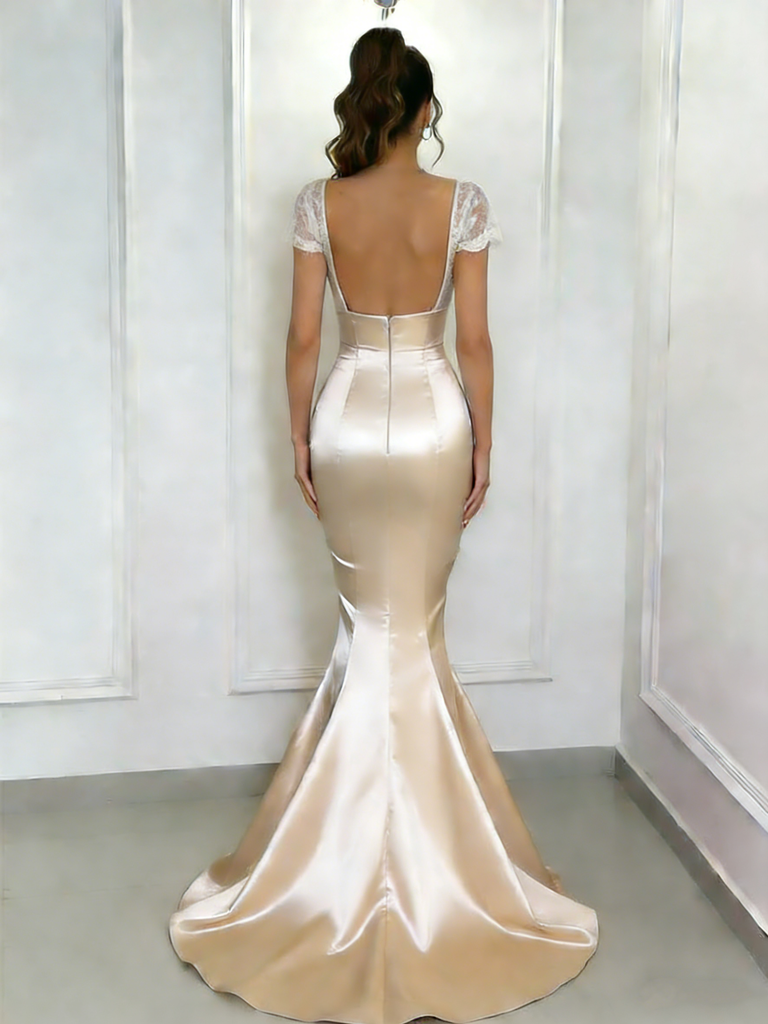 Classy Champagne Satin Prom Gown Lace Cap Sleeve Square Neck Ruched Mermaid Formal Dress,OLP1724