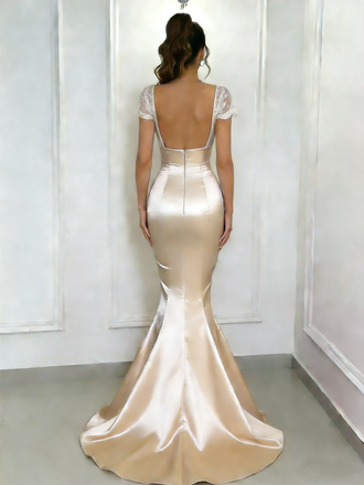Classy Champagne Satin Prom Gown Lace Cap Sleeve Square Neck Ruched Mermaid Formal Dress,OLP1724