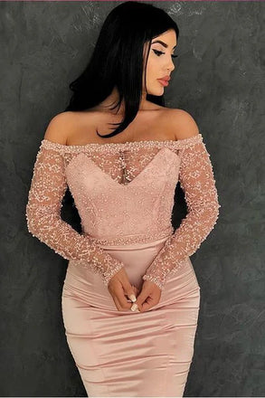 Elegant Pink Lace Long Sleeve Mermaid Long Prom Dress Ideas, Evening Party Dresses, OLP1336