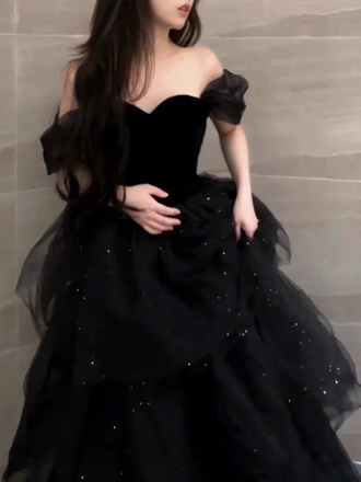 Elegant Black Off-Shoulder A-Line Long Prom Dress Ideas, Evening Party Dresses, OLP1392