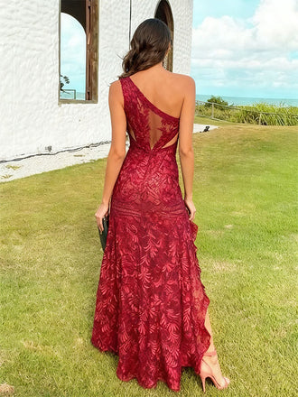 Sexy Red One-Shoulder Mermaid Side Slit Long Prom Dress Ideas, Evening Party Dresses, OLP1367