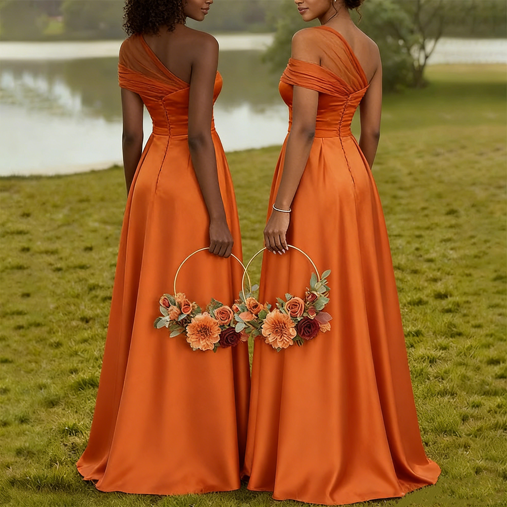 Elegant Orange One-Shoulder Sleeveless Mermaid Long Bridesmaid Dresses Online, BG892