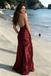 Sexy Deep V-Neck Burgundy Satin Prom Gown with Ruched Waist and Floor Length,OLP1956