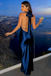 Modern Navy Blue Silk Halter Prom Dress Sexy Deep V-Neck Backless Evening Gown,OLP1942