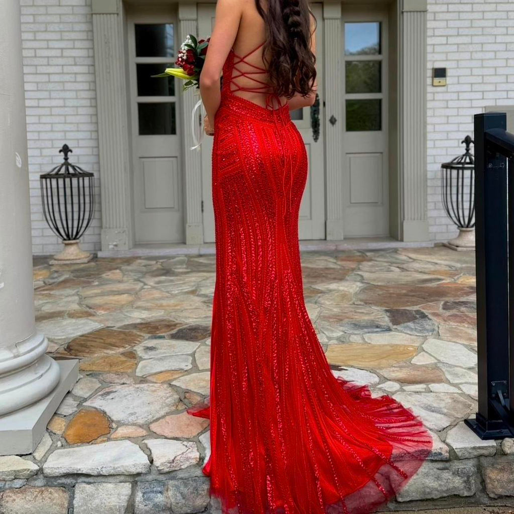 Sexy Red Pattern Sequin Prom Dress Spaghetti Strap Slit Mermaid Gown,OLP2088