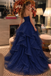 Classy Navy Blue Strapless Tiered Glitter Tulle Prom Dress,OLP2485