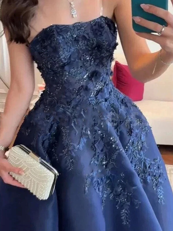 Elegant Navy Blue Sweetheart A-Line Long Prom Dress Ideas, Evening Party Dresses, OLP1635