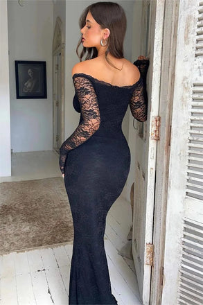 Sexy Black Long Sleeve Mermaid Lace Long Prom Dress Ideas, Evening Party Dresses, OLP1405