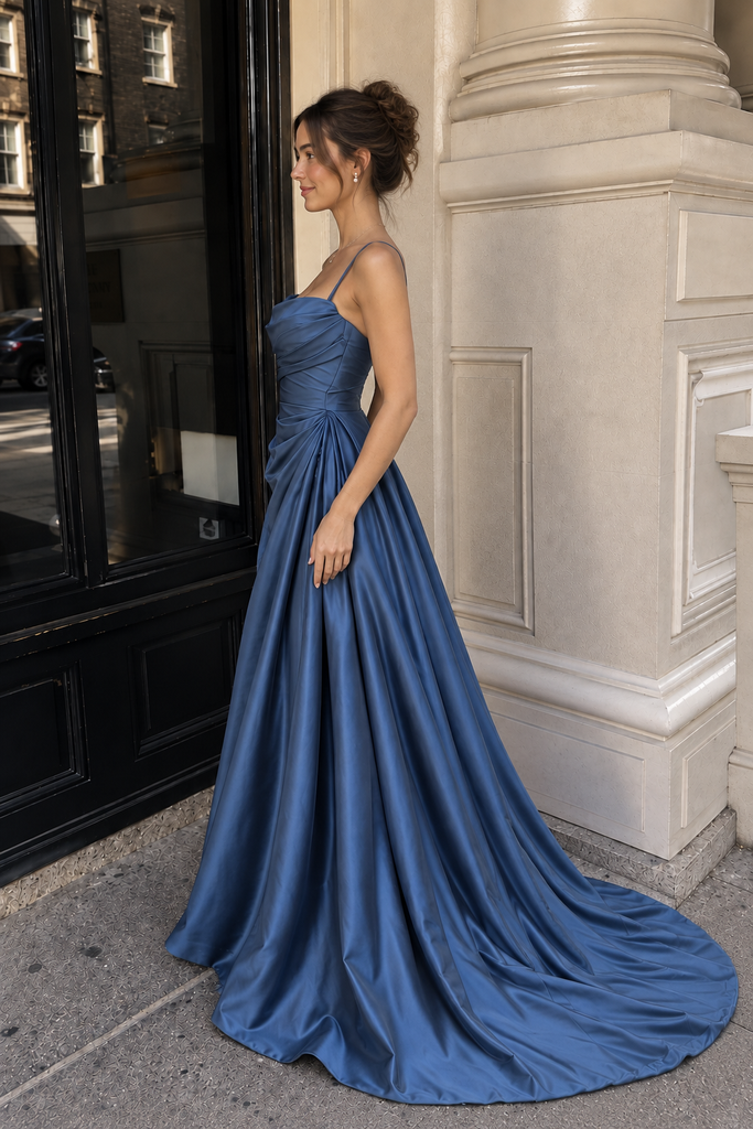 Modern Slate Blue Spaghetti Strap Draped Satin Long Prom Dress,OLP2470