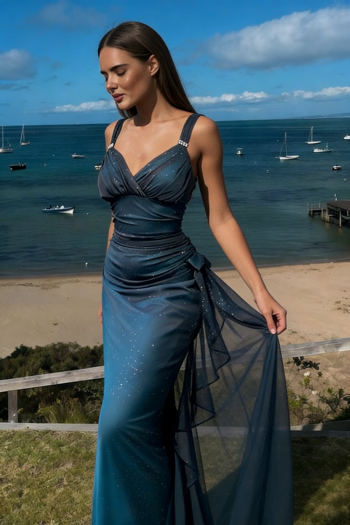 Sparkly Blue Prom Dress V Neck Ruched Mermaid Gown with Chiffon Ruffle,OLP1972