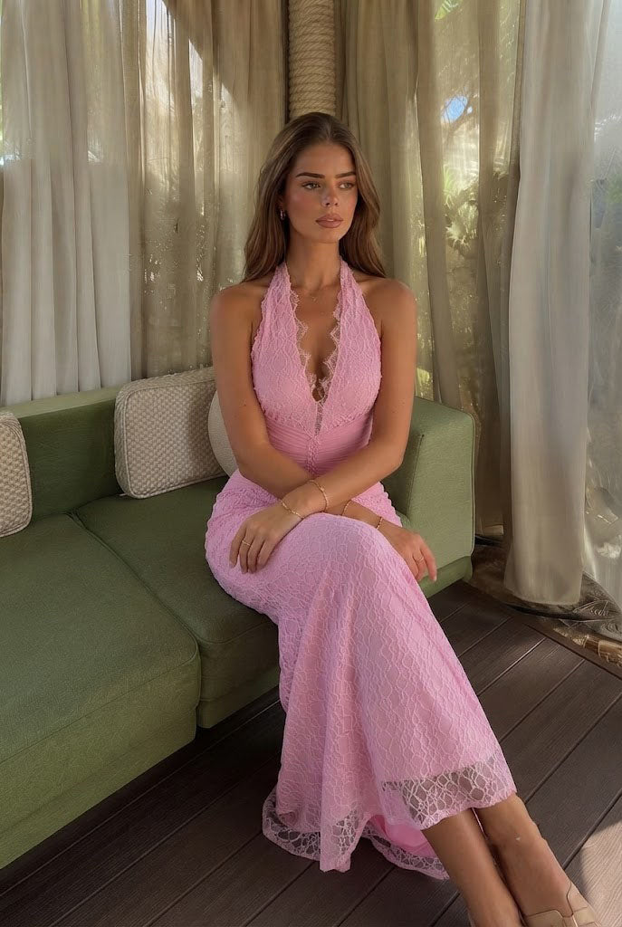 Elegant Pink Lace Mermaid Prom Dress Halter Deep V Neck Sleeveless Floor Length Sexy Gown,OLP2361