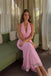 Elegant Pink Lace Mermaid Prom Dress Halter Deep V Neck Sleeveless Floor Length Sexy Gown,OLP2361