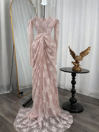 Sexy Pink Long Sleeve Lace Mermaid Long Prom Dress Ideas, Evening Party Dresses, OLP1430