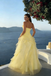 Beautiful Yellow Strapless Prom Gown Tiered Tulle Skirt Floral Appliqué,OLP2009