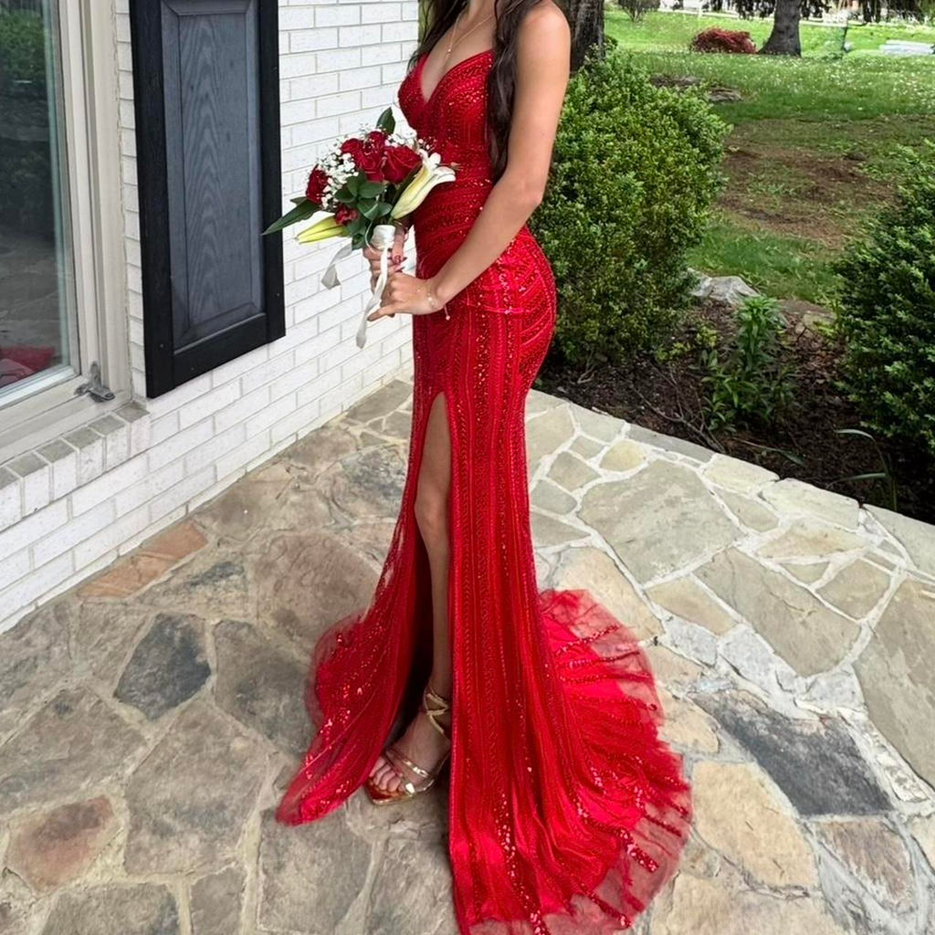Sexy Red Pattern Sequin Prom Dress Spaghetti Strap Slit Mermaid Gown,OLP2088