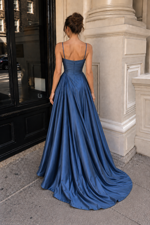 Modern Slate Blue Spaghetti Strap Draped Satin Long Prom Dress,OLP2470
