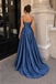 Modern Slate Blue Spaghetti Strap Draped Satin Long Prom Dress,OLP2470