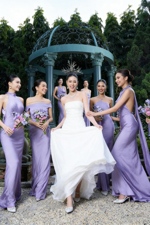 Sophisticated Purple Satin Bridesmaid Dresses High Neck Cut-Out Formal Wear,BG958