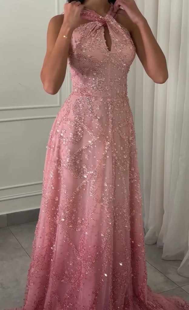 Sparkly Pink Halter A-Line Long Prom Dress Ideas, Evening Party Dresses, OLP1592