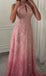 Sparkly Pink Halter A-Line Long Prom Dress Ideas, Evening Party Dresses, OLP1592