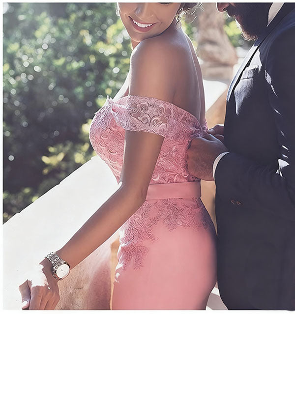 Elegant Pink Off-Shoulder Mermaid Long Prom Dress Ideas, Evening Party Dresses, OLP1417