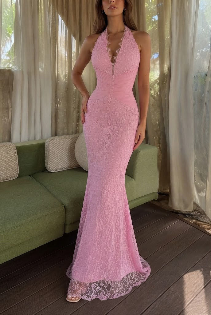 Elegant Pink Lace Mermaid Prom Dress Halter Deep V Neck Sleeveless Floor Length Sexy Gown,OLP2361