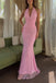 Elegant Pink Lace Mermaid Prom Dress Halter Deep V Neck Sleeveless Floor Length Sexy Gown,OLP2361