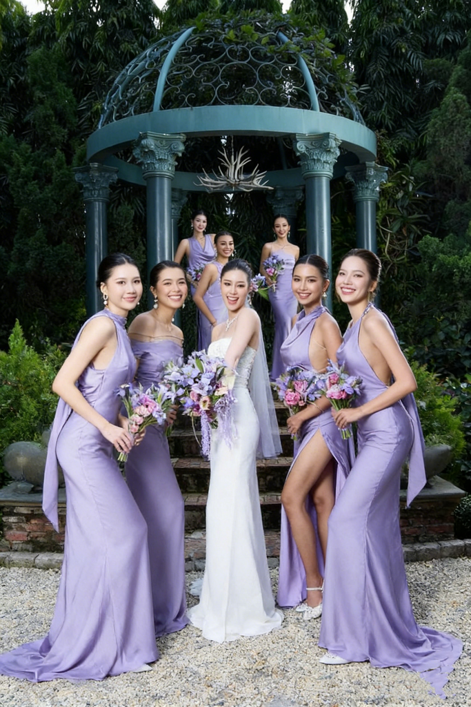 Sophisticated Purple Satin Bridesmaid Dresses High Neck Cut-Out Formal Wear,BG958