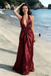 Sexy Deep V-Neck Burgundy Satin Prom Gown with Ruched Waist and Floor Length,OLP1956