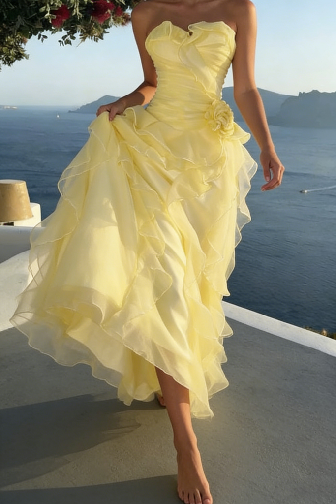 Beautiful Yellow Strapless Prom Gown Tiered Tulle Skirt Floral Appliqué,OLP2009