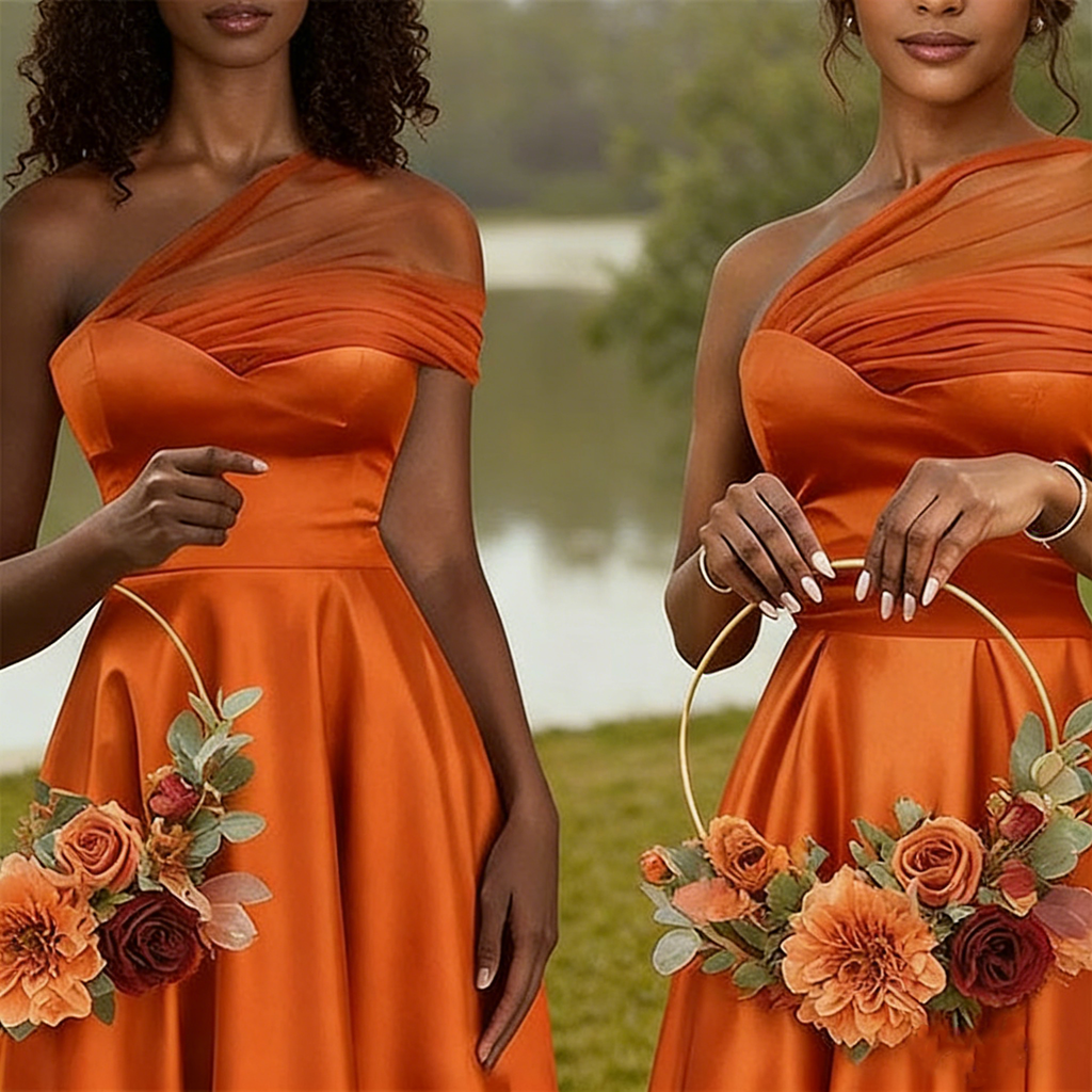 Elegant Orange One-Shoulder Sleeveless Mermaid Long Bridesmaid Dresses Online, BG892
