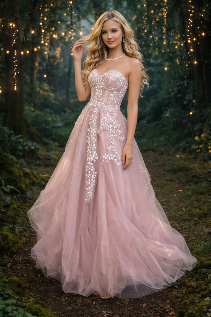 Fancy Mauve Sparkly Tulle Ball Gown with Shimmering Sequin Vine Embroidery,OLP1900