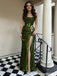 Bold Olive Green Sequin Prom Dress High Slit Gold Flower Accents Gown,OLP1999