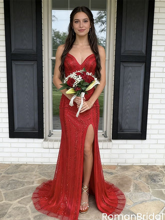 Sexy Red Pattern Sequin Prom Dress Spaghetti Strap Slit Mermaid Gown,OLP2088