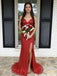 Sexy Red Pattern Sequin Prom Dress Spaghetti Strap Slit Mermaid Gown,OLP2088