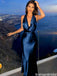 Modern Navy Blue Silk Halter Prom Dress Sexy Deep V-Neck Backless Evening Gown,OLP1942