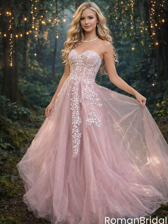 Fancy Mauve Sparkly Tulle Ball Gown with Shimmering Sequin Vine Embroidery,OLP1900