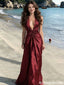 Sexy Deep V-Neck Burgundy Satin Prom Gown with Ruched Waist and Floor Length,OLP1956