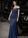 Glamorous Glitter Navy Prom Gown Off-the-Shoulder Shimmer Mermaid Dress,OLP1927