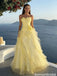 Beautiful Yellow Strapless Prom Gown Tiered Tulle Skirt Floral Appliqué,OLP2009