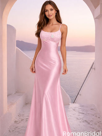 Unique Light Pink Silk Mermaid Prom Gown With Embroidered Lace Bodice,OLP2110