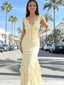 Beautiful Yellow Chiffon Prom Gown V-Neck Ruffle Sleeves Tiered Trumpet Hem,OLP1985