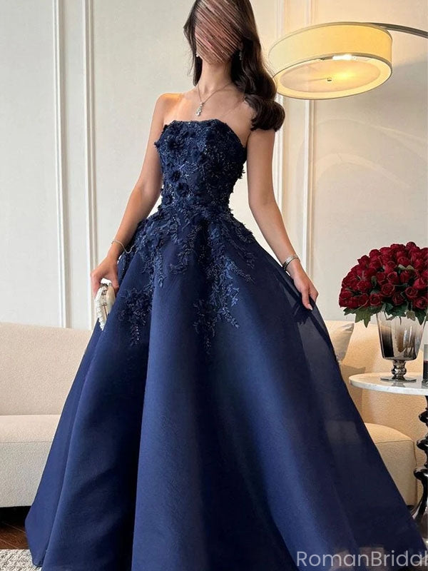 Elegant Navy Blue Sweetheart A-Line Long Prom Dress Ideas, Evening Party Dresses, OLP1635