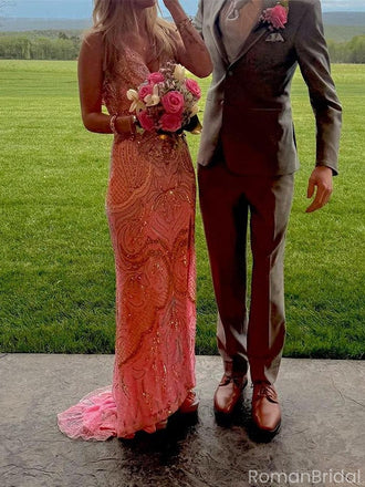 Sexy Pink Spaghetti Strap Mermaid Side Slit Sleeveless Long Prom Dress Ideas, Evening Party Dresses, OLP1325