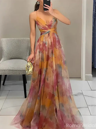 Unique Applique Spaghetti Strap A-Line Long Prom Dress Ideas, Evening Party Dresses, OLP1442