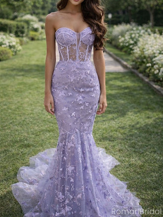 Modern Lavender Butterfly Lace Prom Gown Sheer Corset Mermaid Evening Dress,OLP1843
