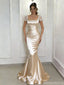 Classy Champagne Satin Prom Gown Lace Cap Sleeve Square Neck Ruched Mermaid Formal Dress,OLP1724