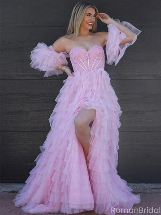 Elegant Pink Sweetheart High low Long Prom Dress Ideas, Evening Party Dresses, OLP1300