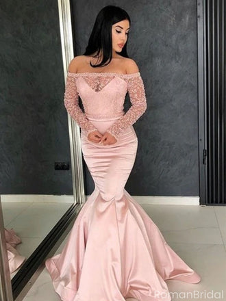 Elegant Pink Lace Long Sleeve Mermaid Long Prom Dress Ideas, Evening Party Dresses, OLP1336